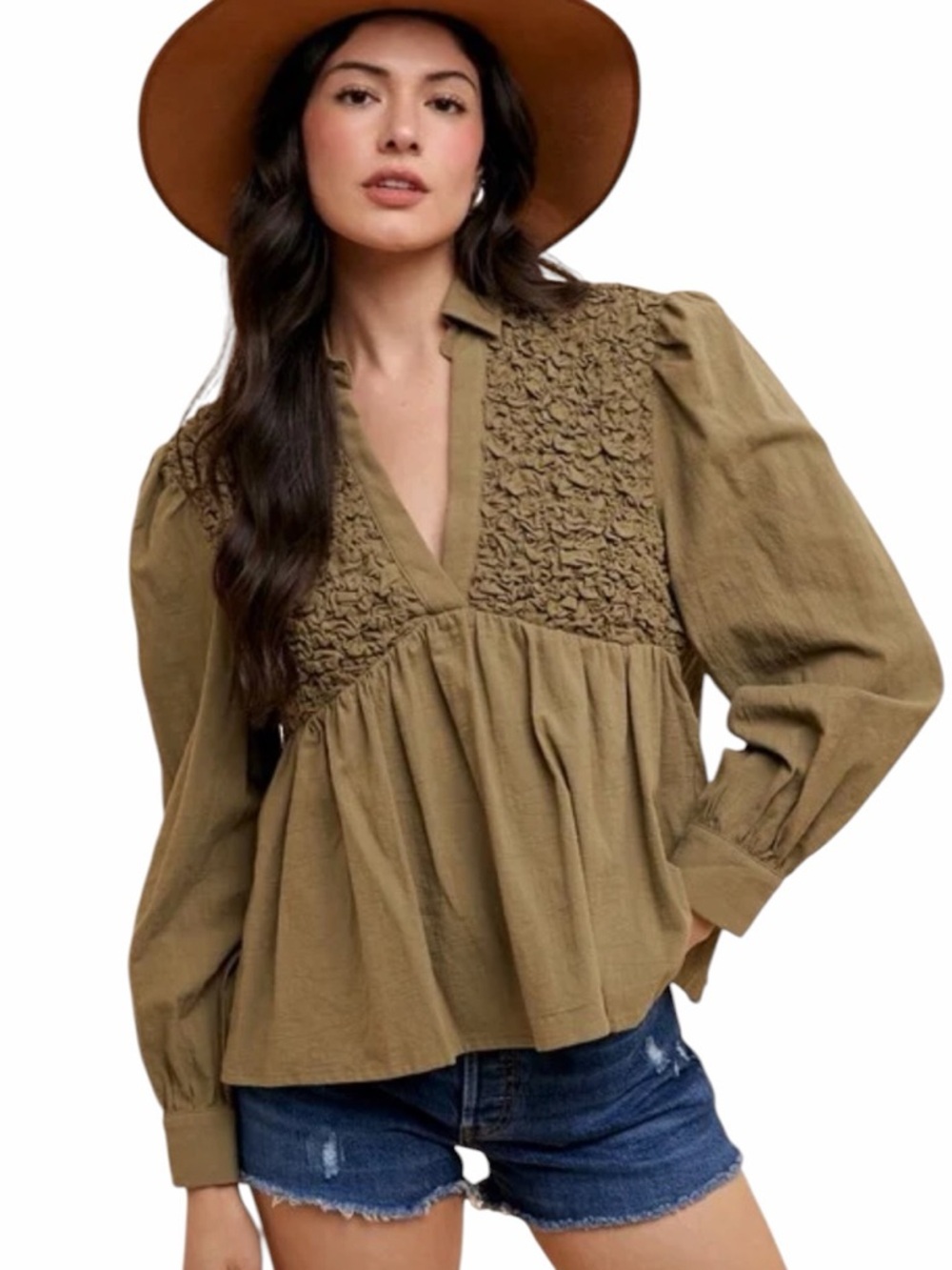 Annie Wear Smocked Front Long Sleeve Babydoll Blouse XL